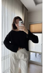 Puffy Kumaş Kayık Yaka Siyah