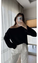 Puffy Kumaş Kayık Yaka Siyah