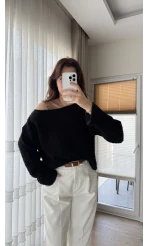 Puffy Kumaş Kayık Yaka Siyah