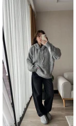 Puffy Oversize Örgü Sweatshirt Gri
