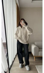 Puffy Oversize Örgü Sweatshirt Krem