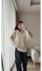 Puffy Oversize Örgü Sweatshirt Krem