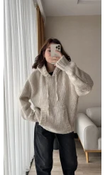 Puffy Oversize Örgü Sweatshirt Krem