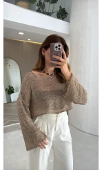 Pullu Kayık Yaka Crop Üst - Bej - Kod: 2765