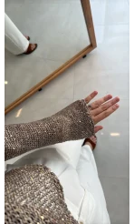 Pullu Kayık Yaka Crop Üst - Bej - Kod: 2765