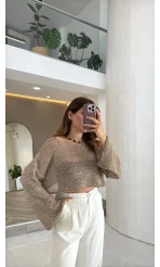 Pullu Kayık Yaka Crop Üst - Bej - Kod: 2765