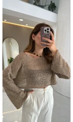 Pullu Kayık Yaka Crop Üst - Bej - Kod: 2765