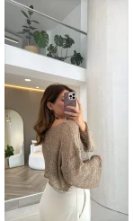 Pullu Kayık Yaka Crop Üst - Bej - Kod: 2765