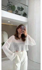 Pullu Kayık Yaka Crop Üst - Ekru - Kod: 2765