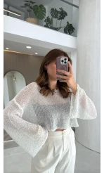 Pullu Kayık Yaka Crop Üst - Ekru - Kod: 2765