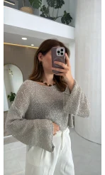 Pullu Kayık Yaka Crop Üst - Gri - Kod: 2765