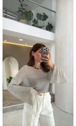 Pullu Kayık Yaka Crop Üst - Gri - Kod: 2765