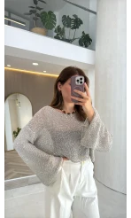 Pullu Kayık Yaka Crop Üst - Gri - Kod: 2765