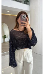 Pullu Kayık Yaka Crop Üst - Lacivert - Kod: 2765