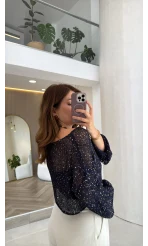 Pullu Kayık Yaka Crop Üst - Lacivert - Kod: 2765