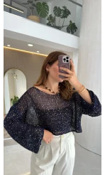 Pullu Kayık Yaka Crop Üst - Lacivert - Kod: 2765