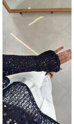 Pullu Kayık Yaka Crop Üst - Lacivert - Kod: 2765