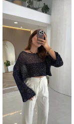 Pullu Kayık Yaka Crop Üst - Lacivert - Kod: 2765