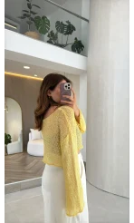 Pullu Kayık Yaka Crop Üst - Sarı - Kod: 2765