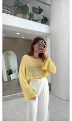 Pullu Kayık Yaka Crop Üst - Sarı - Kod: 2765