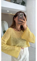 Pullu Kayık Yaka Crop Üst - Sarı - Kod: 2765