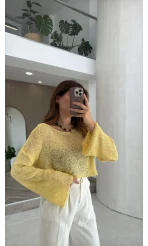 Pullu Kayık Yaka Crop Üst - Sarı - Kod: 2765
