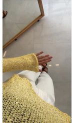 Pullu Kayık Yaka Crop Üst - Sarı - Kod: 2765