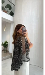 Pullu Pelerin Bluz - Siyah - Kod: 1119