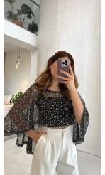 Pullu Pelerin Bluz - Siyah - Kod: 1119
