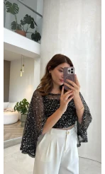 Pullu Pelerin Bluz - Siyah - Kod: 1119