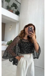 Pullu Pelerin Bluz - Siyah - Kod: 1119