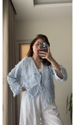 Püskül Detay Bağlamalı Gömlek Bebe Mavisi