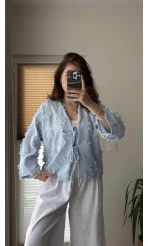 Püskül Detay Bağlamalı Gömlek Bebe Mavisi