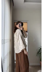 Püskül Detay Bağlamalı Gömlek Krem