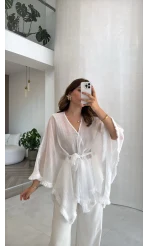 Püsküllü Kimono - Beyaz - Kod: 5101
