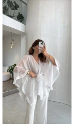 Püsküllü Kimono - Beyaz - Kod: 5101