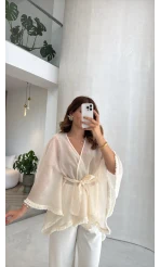 Püsküllü Kimono - Taş - Kod: 5101