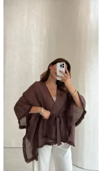 Püsküllü Kuşaklı Kimono - Kahverengi - Kod: 5101