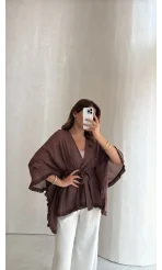 Püsküllü Kuşaklı Kimono - Kahverengi - Kod: 5101