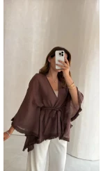 Püsküllü Kuşaklı Kimono - Kahverengi - Kod: 5101