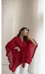 Püsküllü Kuşaklı Kimono - Kırmızı - Kod: 5101