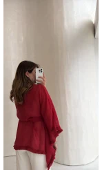 Püsküllü Kuşaklı Kimono - Kırmızı - Kod: 5101