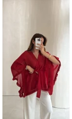 Püsküllü Kuşaklı Kimono - Kırmızı - Kod: 5101
