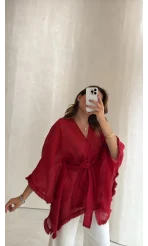 Püsküllü Kuşaklı Kimono - Kırmızı - Kod: 5101