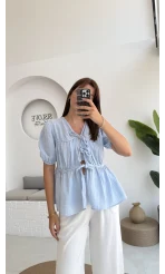 Rachel Bağlamalı Bluz Müslin Kumaş Bebe Mavisi - 1024