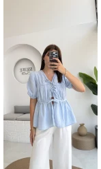 Rachel Bağlamalı Bluz Müslin Kumaş Bebe Mavisi - 1024