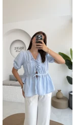 Rachel Bağlamalı Bluz Müslin Kumaş Bebe Mavisi - 1024