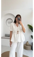 Rachel Bağlamalı Bluz Müslin Kumaş Beyaz - 1024