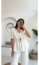Rachel Bağlamalı Bluz Müslin Kumaş Beyaz - 1024