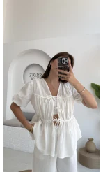 Rachel Bağlamalı Bluz Müslin Kumaş Beyaz - 1024
